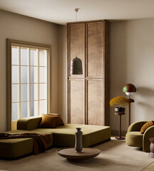 Tranquil earth toned living room with modern minimalist design. 3D illustration