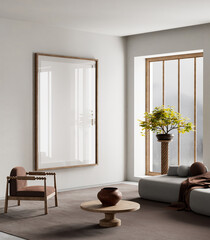 Elegant living room with minimalist and earthy interior design. 3D illustration