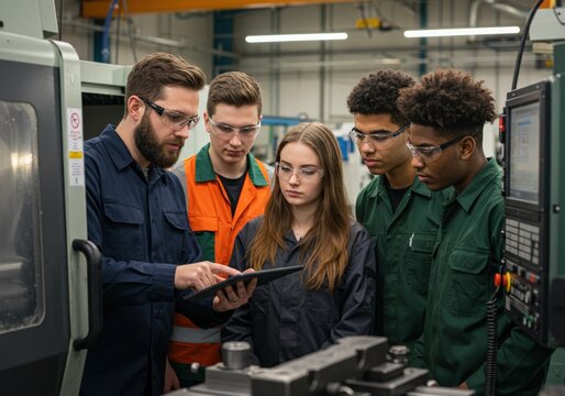 A group of students and their instructor collaborating in a manufacturing setting.
