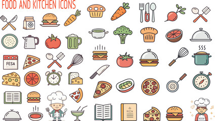 Vibrant flat icons for food and kitchen essentials isolated on transparent background
