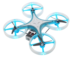 Futuristic quadcopter with glowing blue rings drone