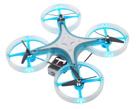 Futuristic quadcopter with glowing blue rings drone