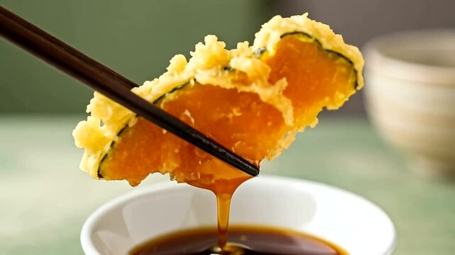 Deep-fried pumpkin slice being held by chopsticks over dipping sauce.