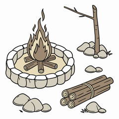 Campfire stones logs branch flames fire pit