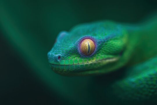Close-up of a Green Tree Python with Vibrant Colors and Sharp Details