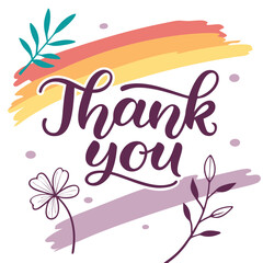 Naklejka premium Thank you lettering with floral accents and watercolor strokes