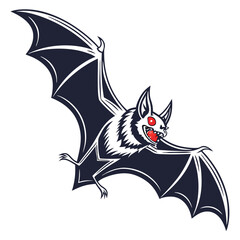 Fanged vampire bat with red eyes in flight flying wings spread