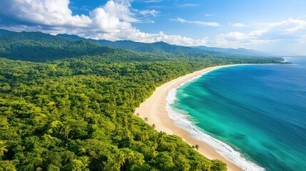 Aerial view of dense tropical forest meeting a white sand beach and clear blue ocean waves