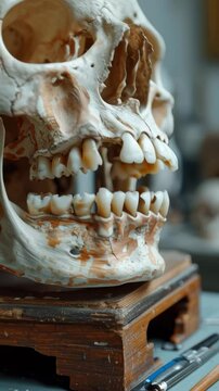 A human skull model rests on a wooden stand, highlighting the intricate dental features and organic textures.