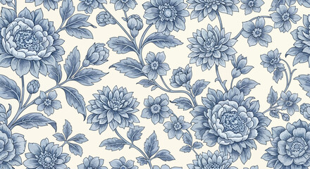 Elegant Blue and Cream Floral Pattern Seamless Textile Design