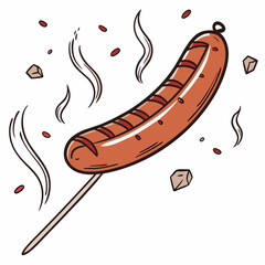 Grilled sausage on stick with steam and crumbs food