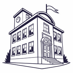 Classic school building with clock tower and flag architecture