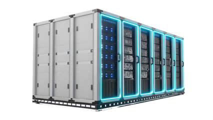 Futuristic server racks with blue illumination data center