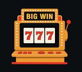  Slot machine 777, casino. Vector illustration of a themed banner for gambling and casino. Slot machine on a dark background. Flat design template for casino projects and advertising