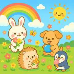 Four cute animals in the grassland