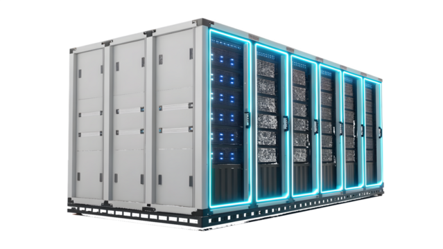 Futuristic server racks with blue illumination data center