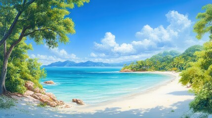 Fototapeta premium Idyllic island landscape featuring thick tropical canopy, powdery white beach, and vibrant blue ocean in perfect harmony