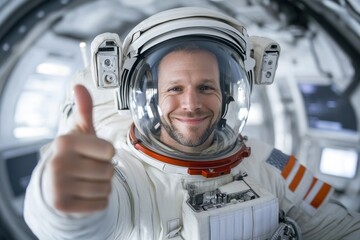 Male Astronaut Giving Thumbs Up in Zero Gravity