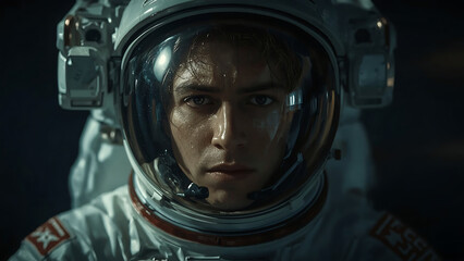 Astronaut helmet displays a astronaut's face reflecting in the visor, ideal for science, technology, space exploration, and diversity concepts.