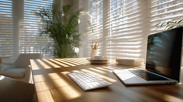Modern home office setup with natural light and greenery creating productive workspace