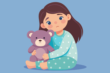 Naklejka premium A little girl in pajamas snuggles into a teddy bear, her face showing sadness and tenderness.