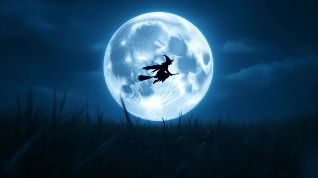 A silhouette of a witch flying on a broomstick against a large full moon. Dark clouds surround the moon, creating a spooky Halloween atmosphere.