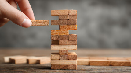 A hand carefully removes a wooden block from a tower of stacked blocks, showcasing strategy, risk, and the delicate balance of decision-making and planning.