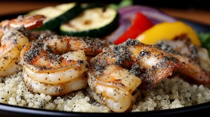 Grilled shrimp over quinoa with roasted vegetables