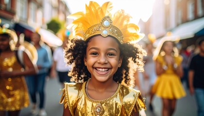 A young girl in a golden headdress leads her group through the heart of the Notting Hill Carnival Children’s Day. Her costume, adorned with jewels and sunburst feathers.
