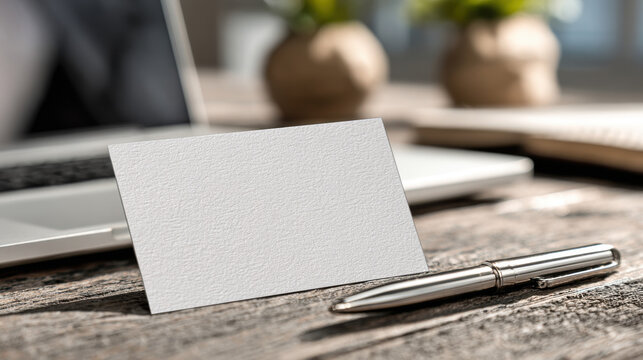 A blank business card lies next to a pen on a rustic wooden desk, with a laptop and decorative plant in the background, ready for ing and identity.