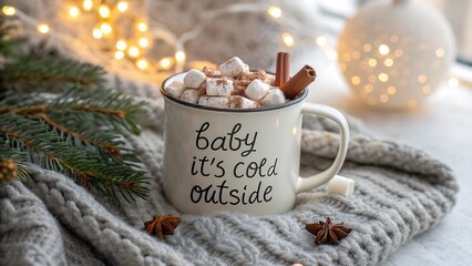 Warm Christmas coffee with sweet cookies and festive decorations on a winter table, a delicious holiday drink and snack