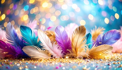 Notting hill carnival 2025 festival background parade, dance vibrant and luxurious carnival inspired composition featuring colorful feathers with sparkling glitter and bokeh effect background