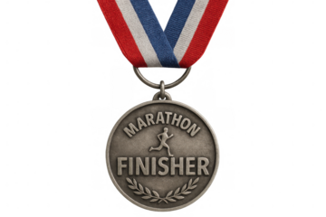 Marathon finisher medal displaying running silhouette, laurel wreath, red-white-blue ribbon hanging against transparent backdrop