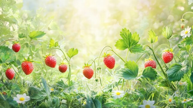 Sun-kissed strawberry patch with healthy plants bearing plump red fruit and vivid green leaves, thriving in open air