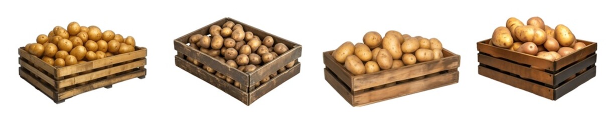 Set of various wooden box filled with a pile of potatoes isolated on transparent background