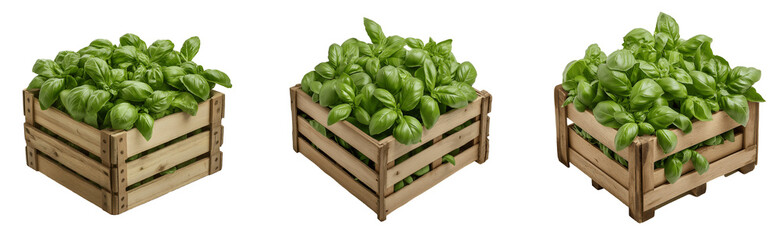 Set of various wooden box filled with fresh basil isolated on transparent background