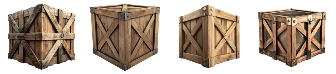 Collection of various empty square wooden box isolated on transparent background