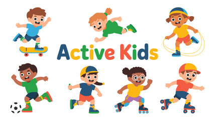 Cartoon Active Kids Playing Different Sports Skateboarding, Football, Skipping Rope, Roller Skating, Running
