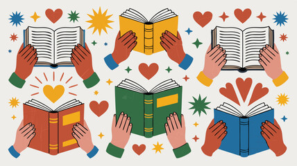 Open Books Held by Hands with Stars and Hearts, Colorful Educational Learning Concept