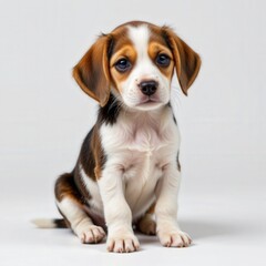 Adorable Beagle Puppy Sitting on a Light Background with Big Yes and Playful Expression of Innocence