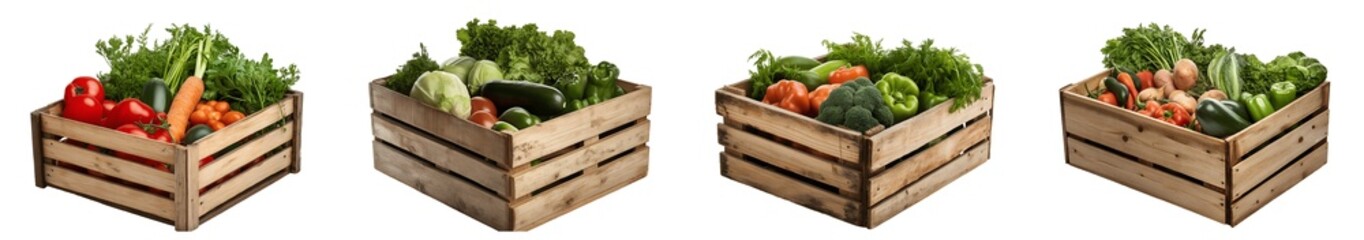 Collection of various wooden box with vegetables isolated on transparent background