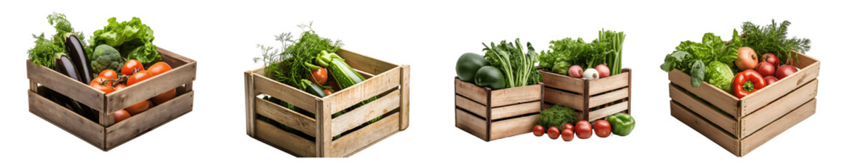Collection of various wooden box with vegetables isolated on transparent background