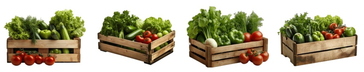 Set of various wooden box with vegetables isolated on transparent background