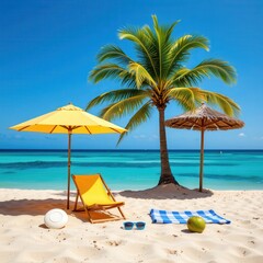 Relaxing Beach Scene with Palm Trees, Umbrella, Lounge Chair, and Refreshing Green Water Under Bright Sunlight