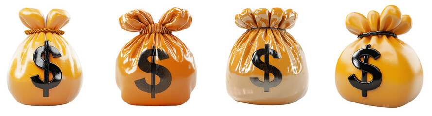 Set of various 3D icon of yellow money bag isolated on transparent background