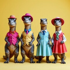 Obraz premium Colorful Dinosaurs Dressed in Stylish Outfits Stand Together Against Bright Yellow Background