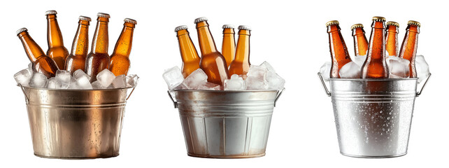 Set of various Bucket full of beer bottles and ice isolated on transparent background