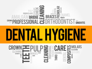 Conceptual word cloud centered around the term “Dental Hygiene”. Surrounded by related dental care terms like braces, cleaning, orthodontist. Ideal for health, dentistry, and oral hygiene content