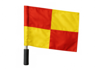 Racing flag fluttering, red-yellow checkered pattern, transparent backdrop, mounted on pole