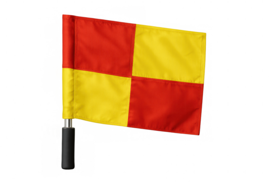 Racing flag fluttering, red-yellow checkered pattern, transparent backdrop, mounted on pole